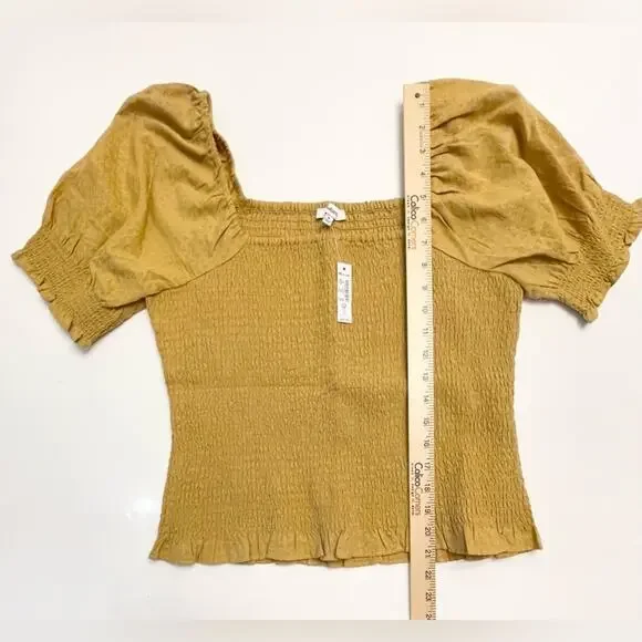 Madewell Lucie Gold Puff-Sleeve Smocked Bodice Top Size Medium NWT - Picture 9 of 11